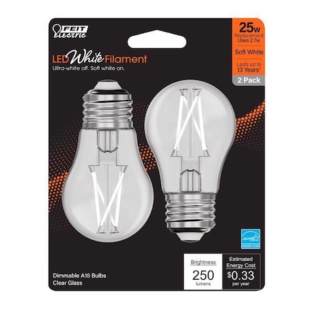 Feit Electric Feit White A15 E26 (Medium) Filament LED Bulb Soft White 25 Watt Equivalence 2 pk BPA1525927WFIL2
